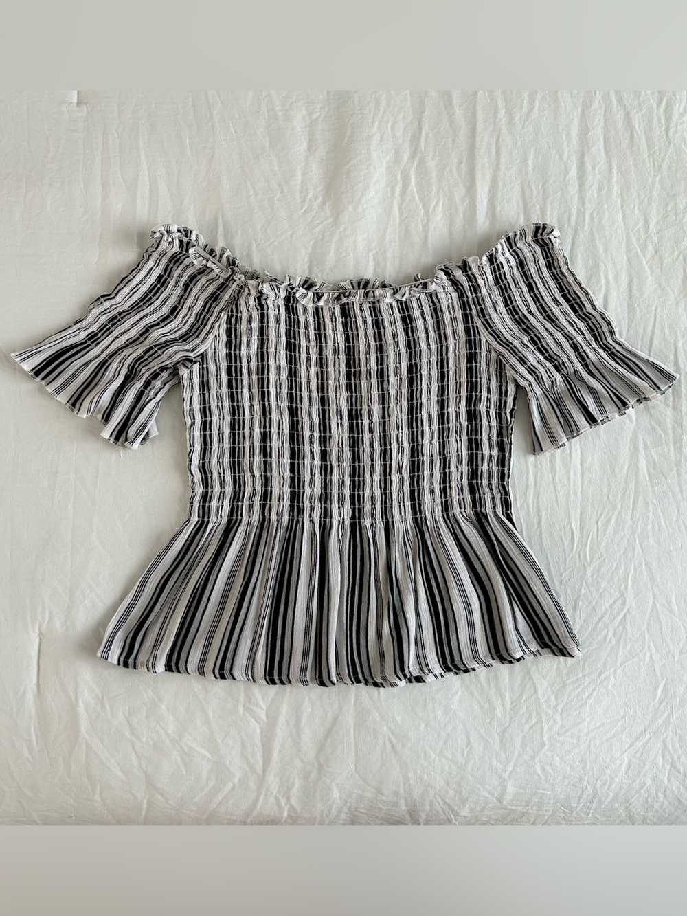 Kendall & Kylie Black and White Striped Off-Shoulder Peplum Top